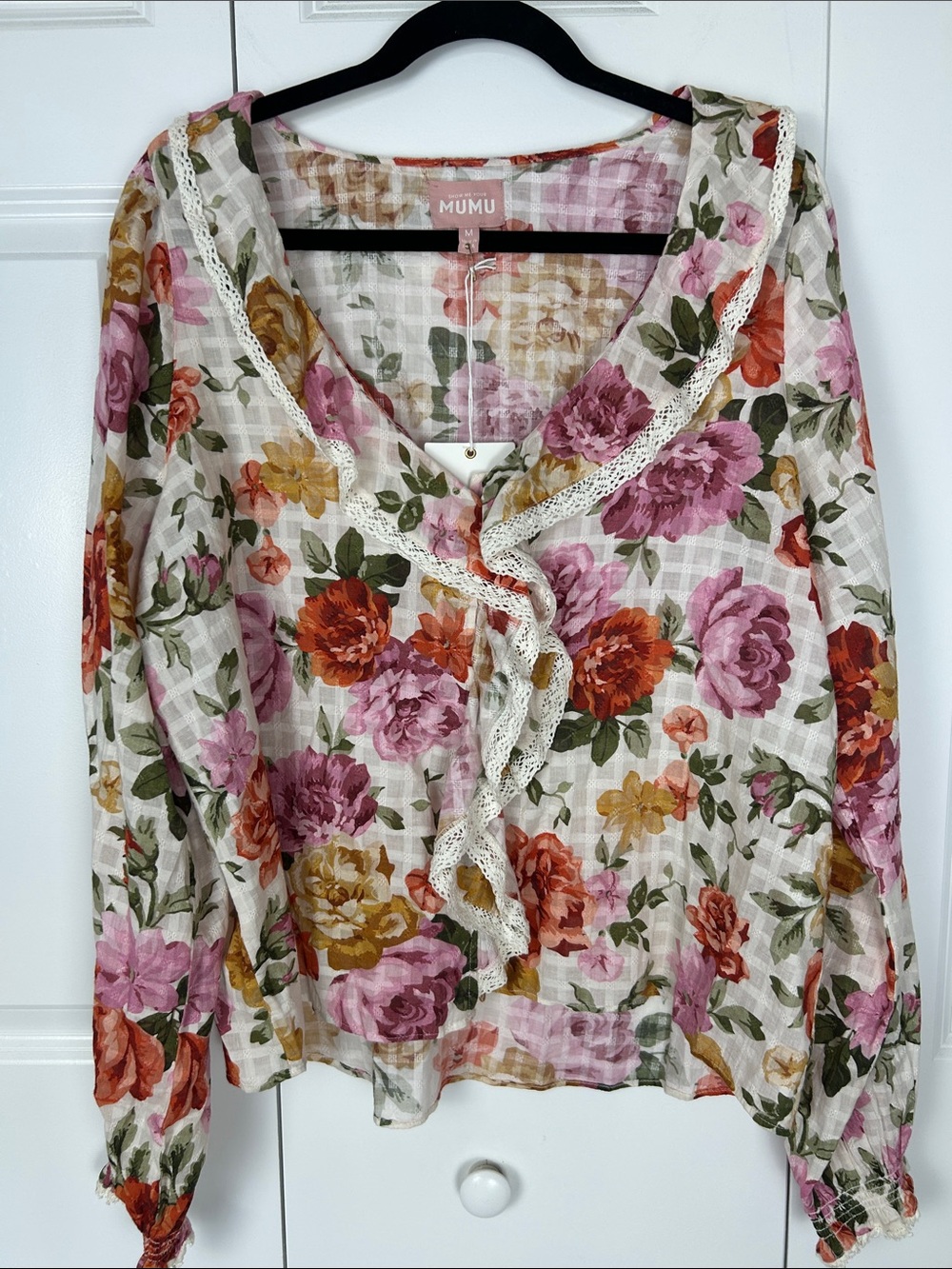 Shoe Me Your Mumu Floral Ruffle Lace-Trim Blouse in Multi Pink Size Medium